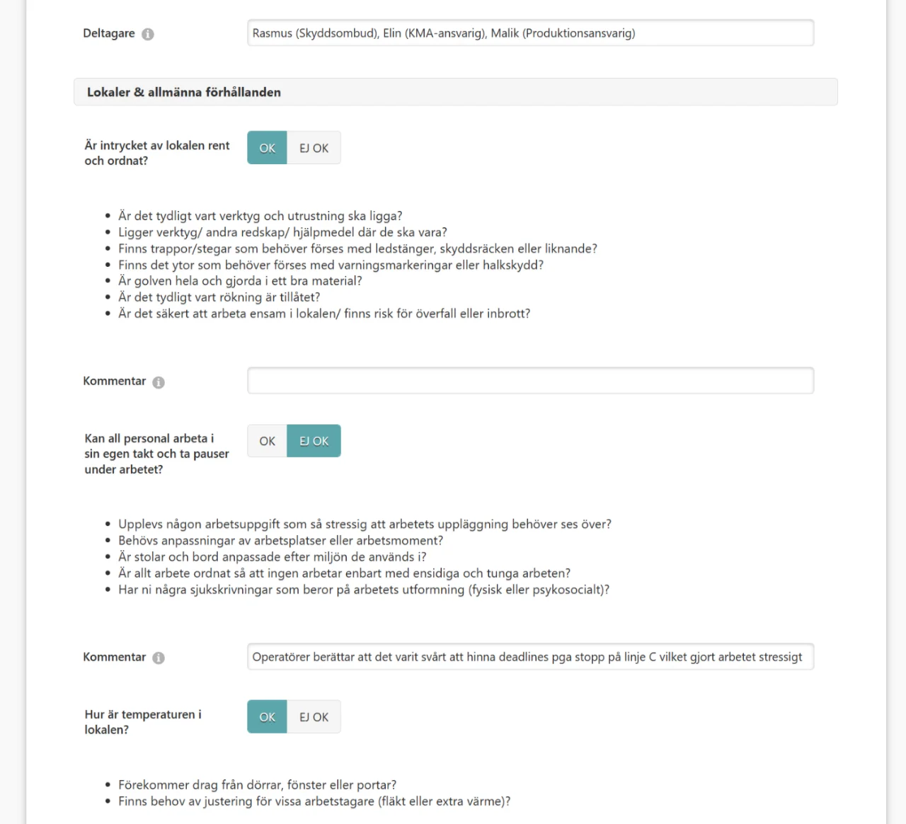 exempel på hur en skyddsrond fylls i med checklista i spineweb dokumenthantering
